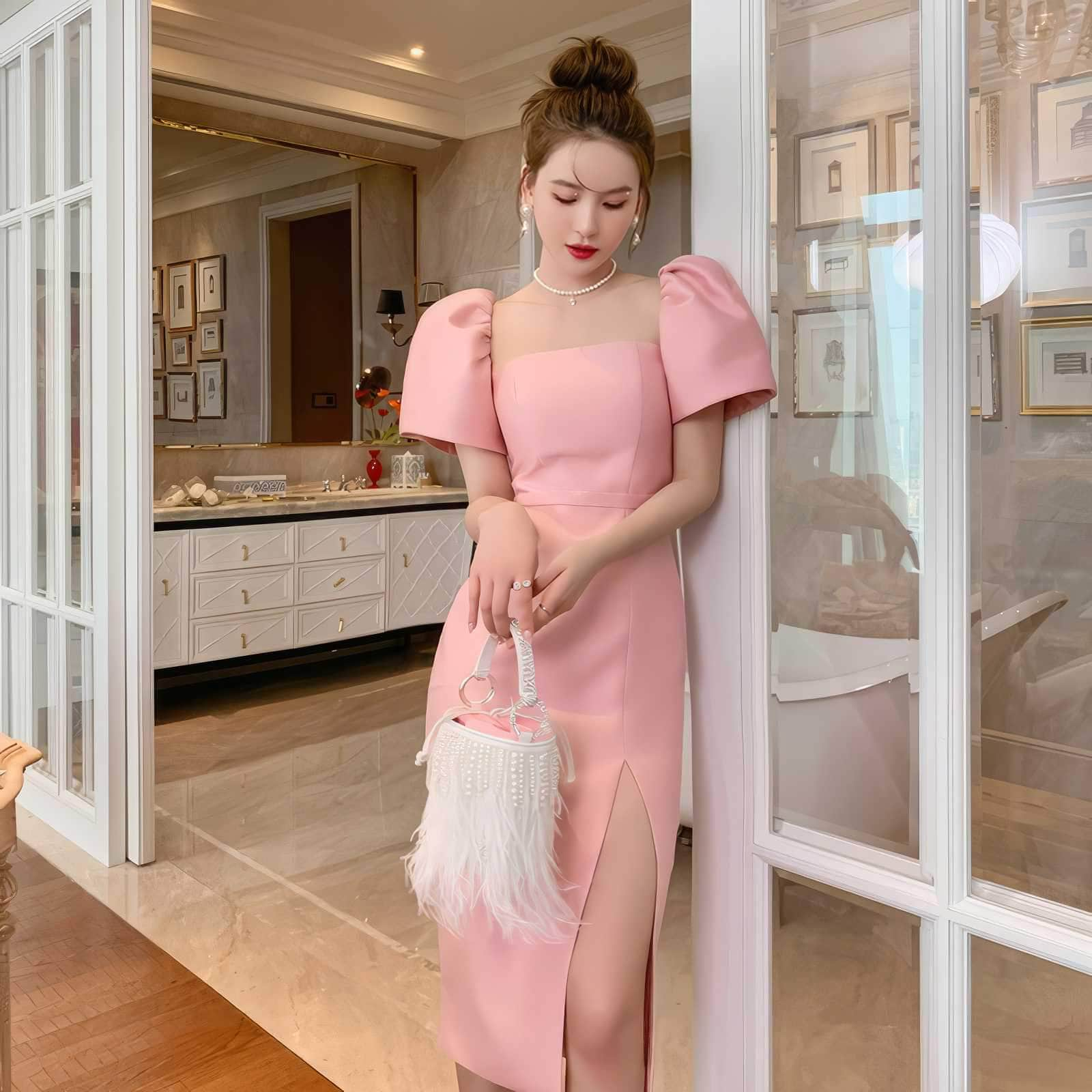 Exaggerated Puff Sleeves High Slit Dress