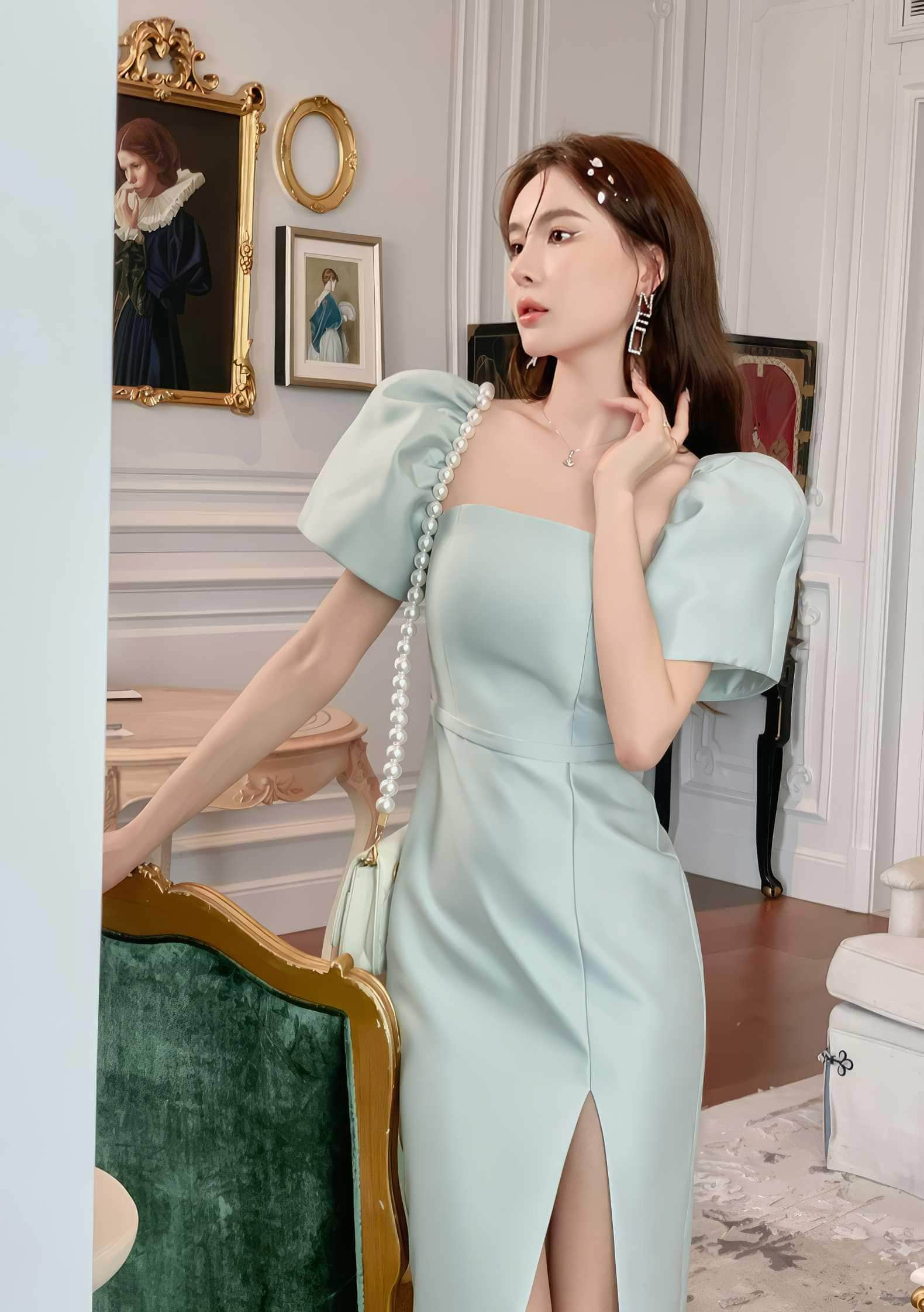 Exaggerated Puff Sleeves High Slit Dress