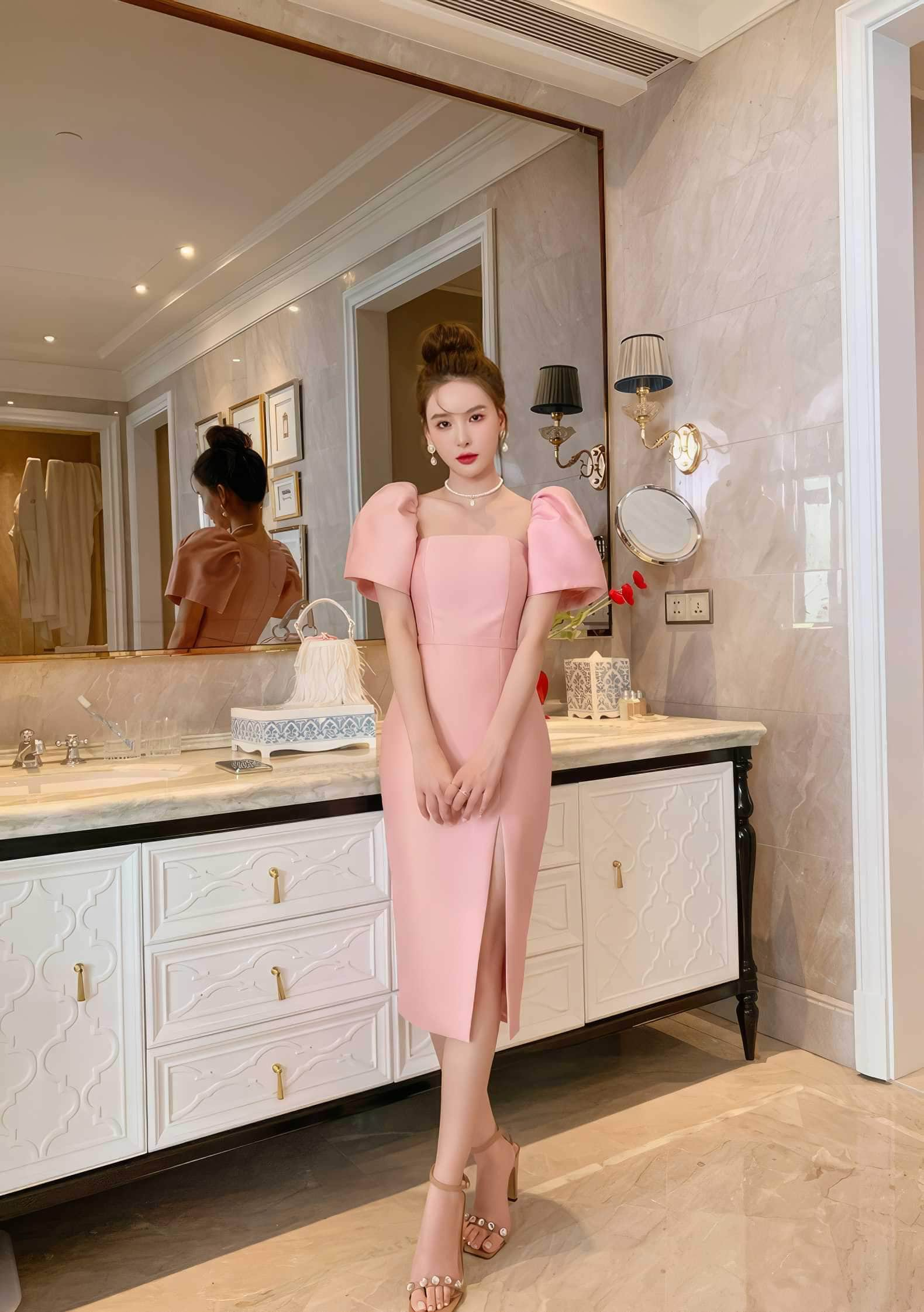 Exaggerated Puff Sleeves High Slit Dress