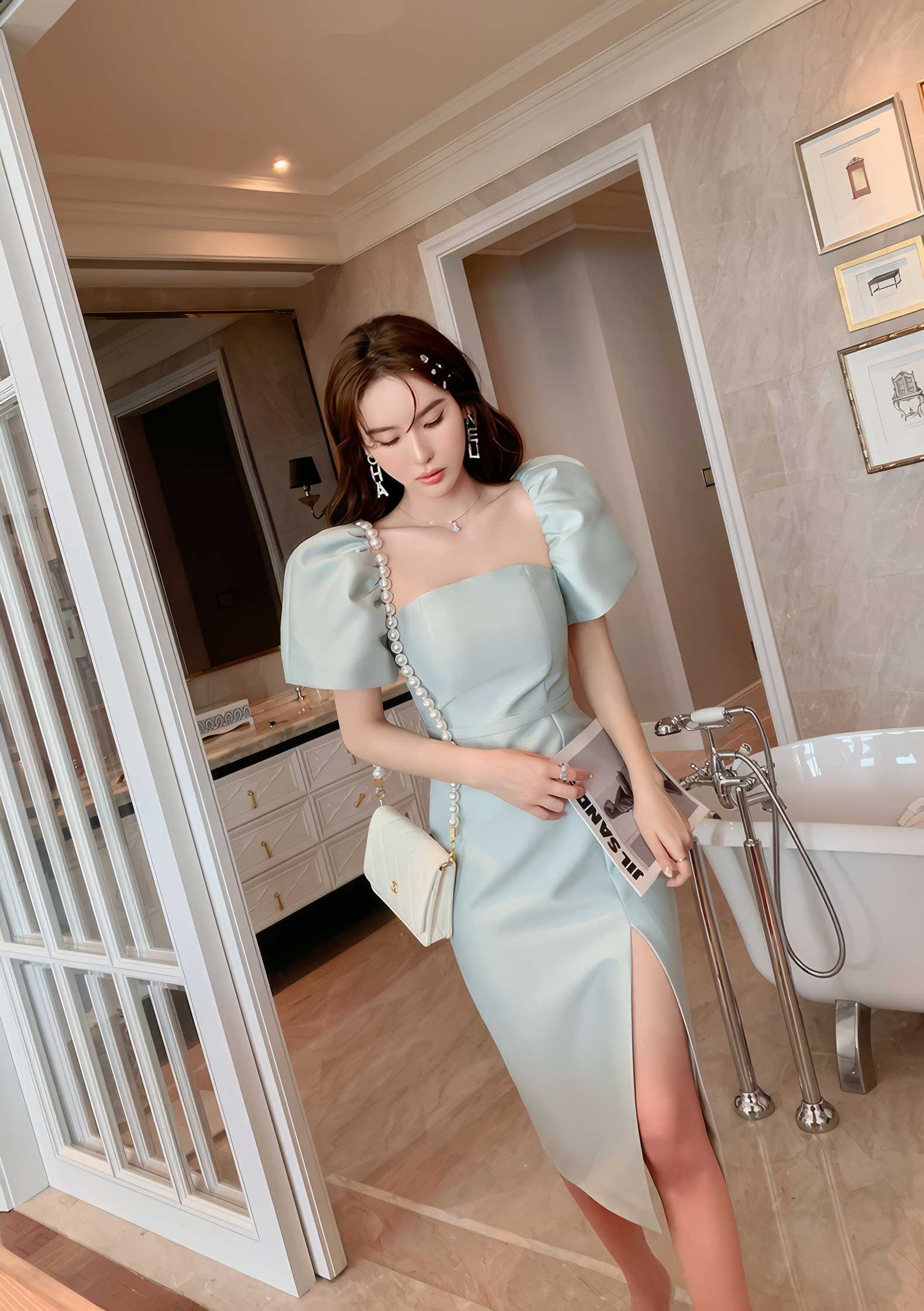 Exaggerated Puff Sleeves High Slit Dress