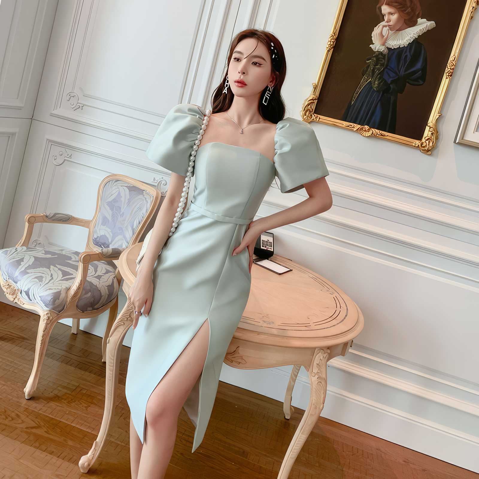 Exaggerated Puff Sleeves High Slit Dress S / PowderBlue