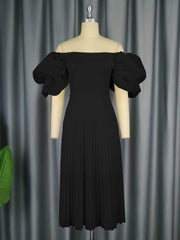 Exaggerated Puff Sleeves Pleated Hem Dress US 4-6 / Black