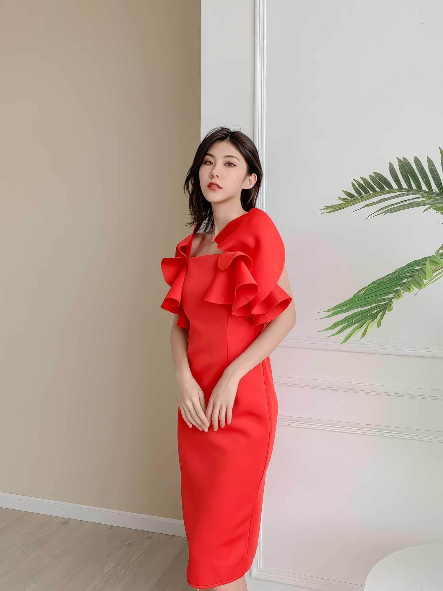 Exaggerated Ruffle Scuba Column Dress