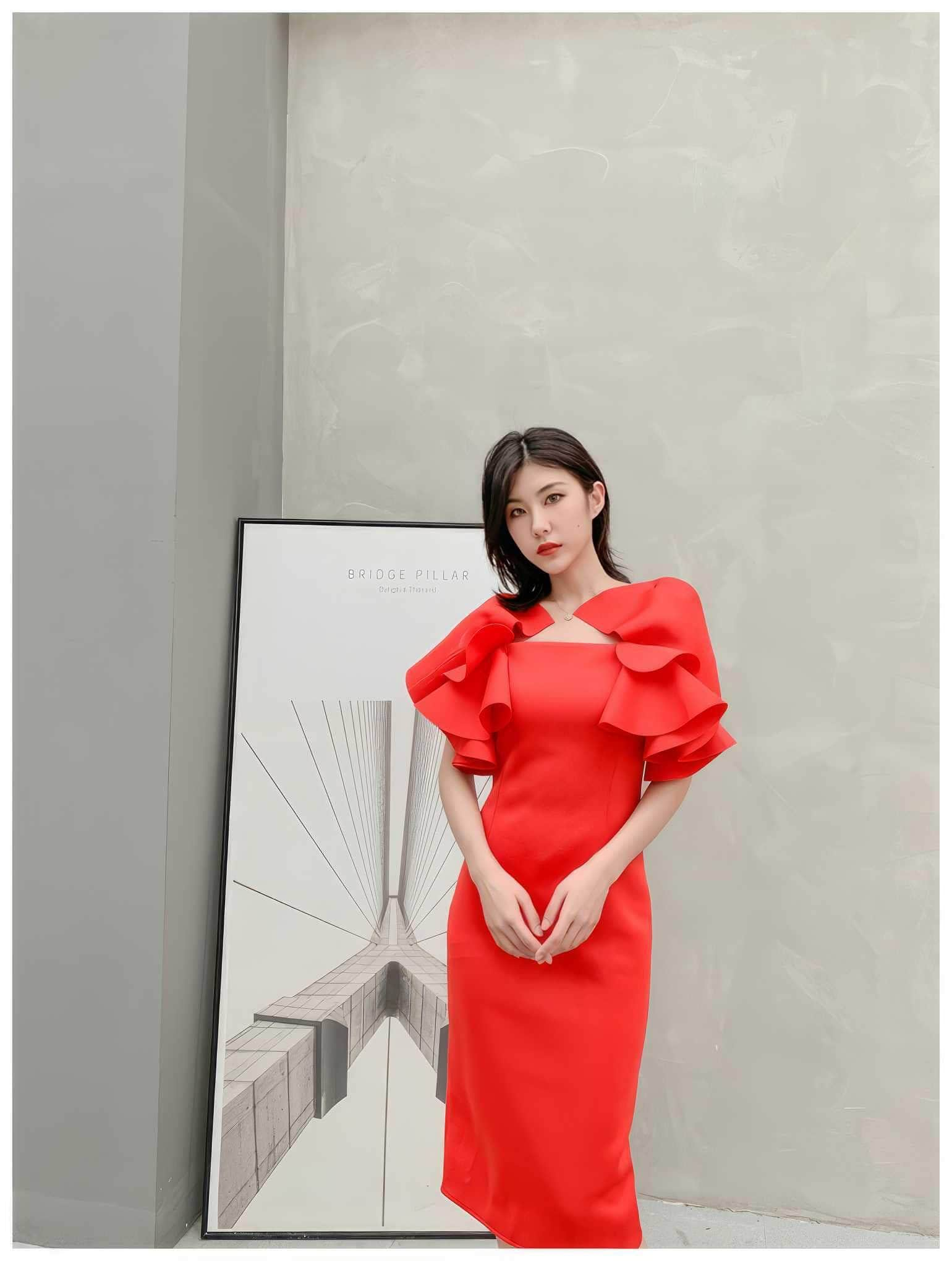 Exaggerated Ruffle Scuba Column Dress