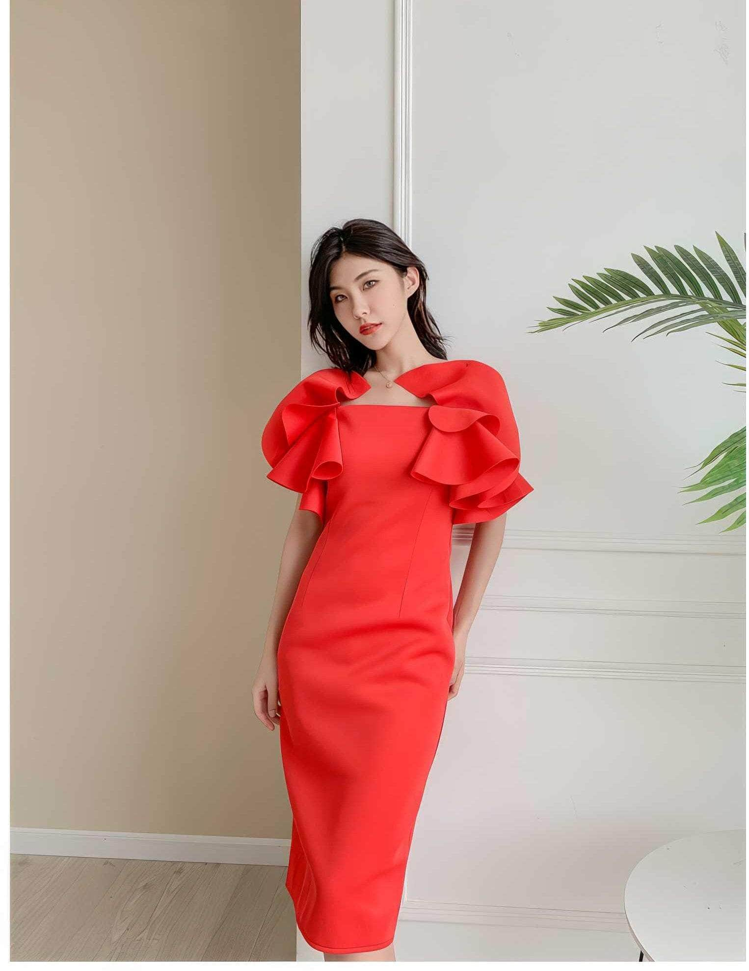 Exaggerated Ruffle Scuba Column Dress