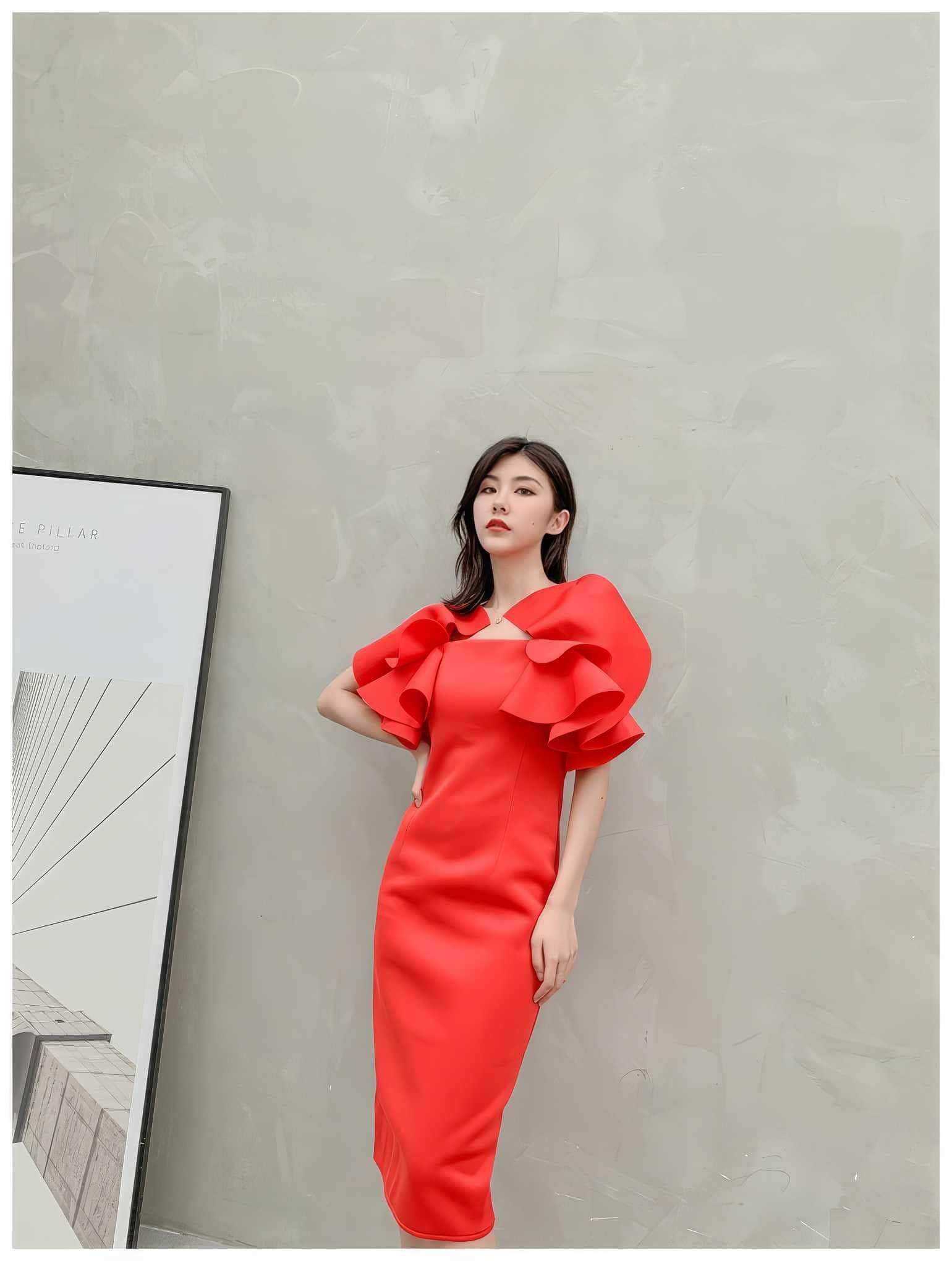 Exaggerated Ruffle Scuba Column Dress