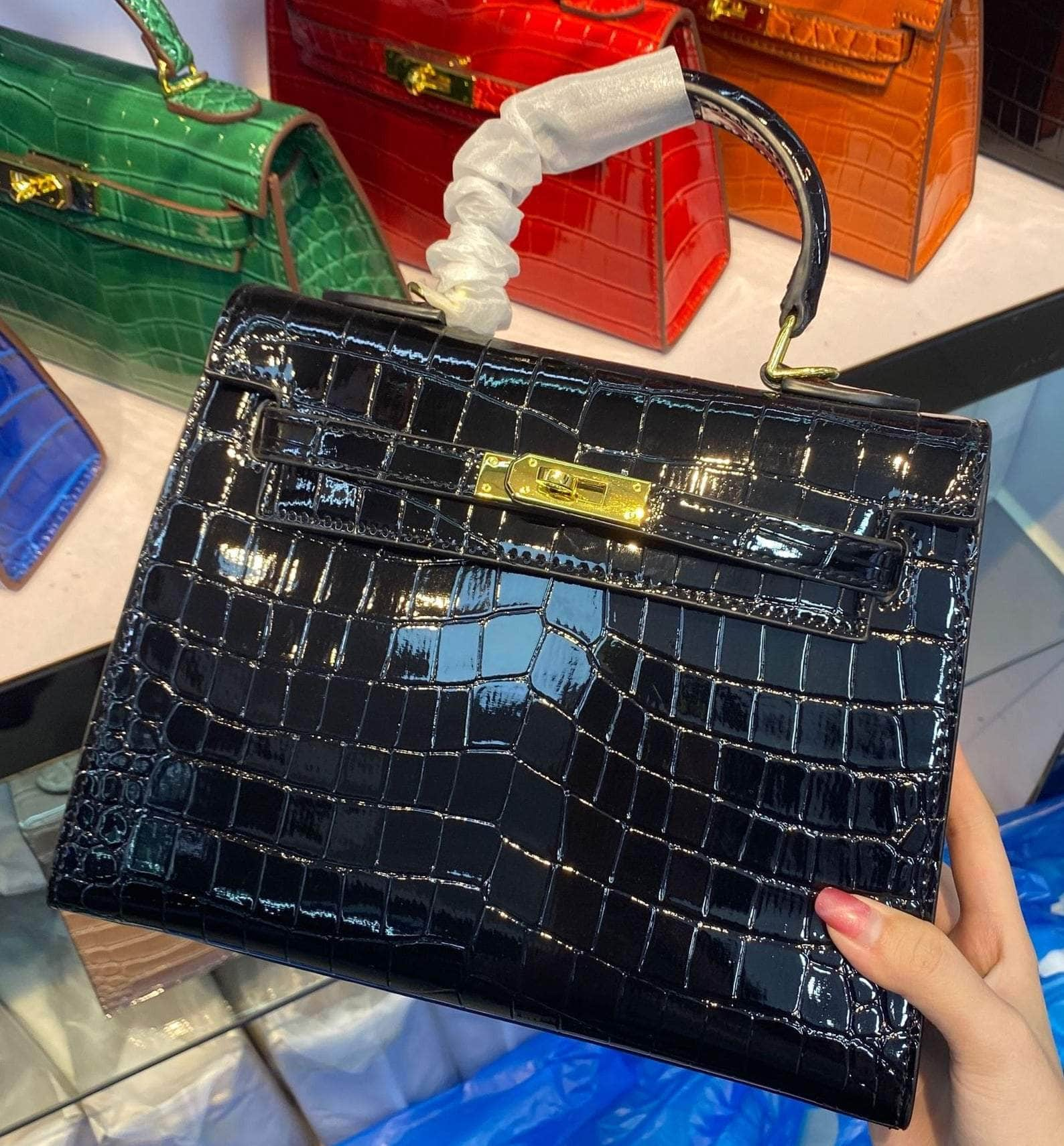 Exotic Alligator Skin Tote Handbag with Glossy Finish