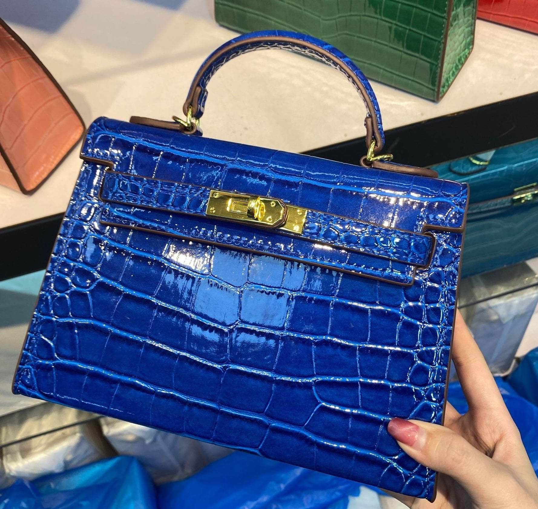 Exotic Alligator Skin Tote Handbag with Glossy Finish Azure