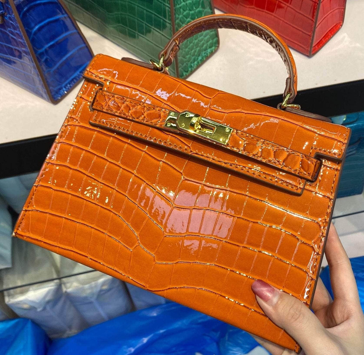 Exotic Alligator Skin Tote Handbag with Glossy Finish Orange