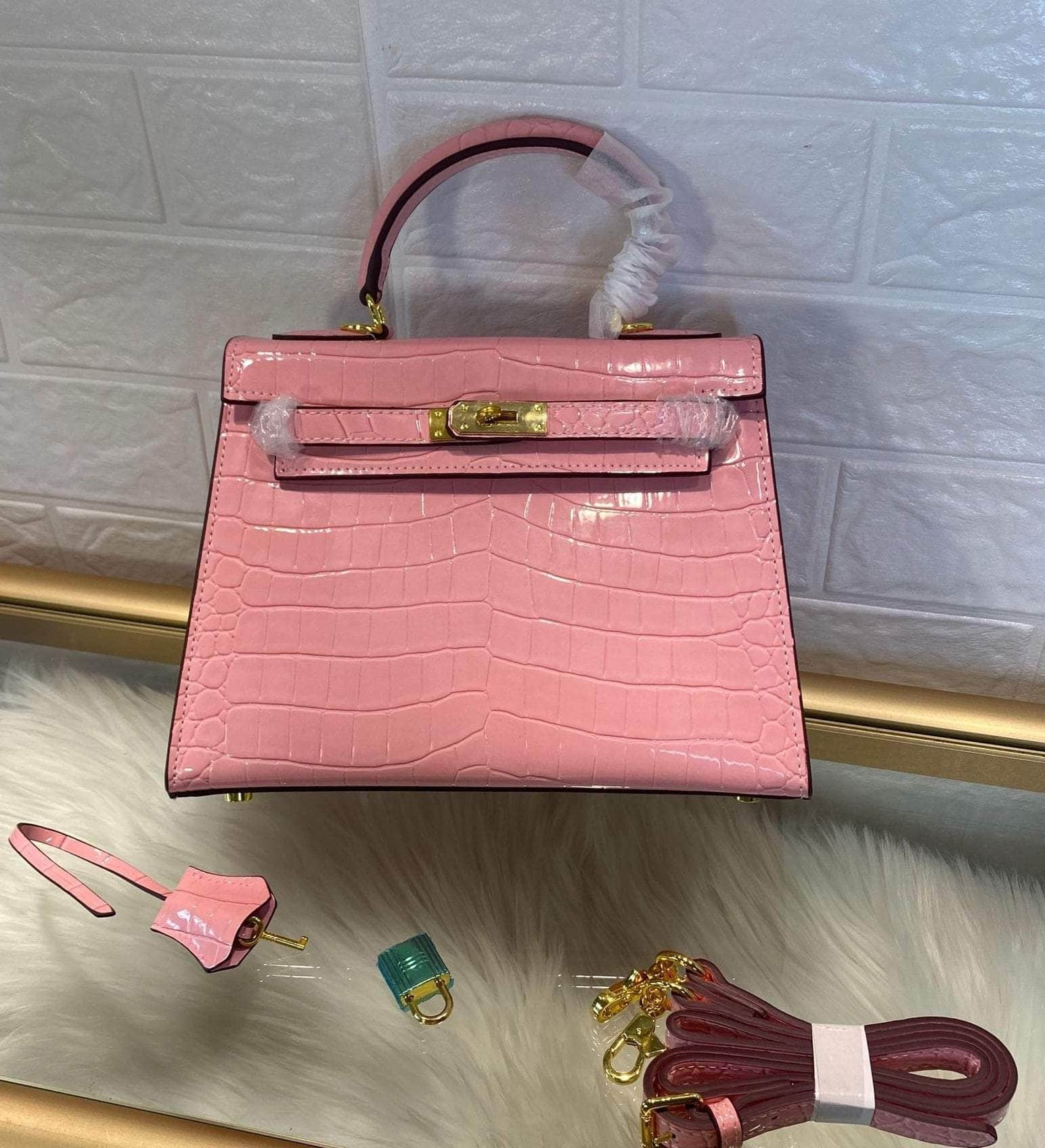 Exotic Alligator Skin Tote Handbag with Glossy Finish Pink