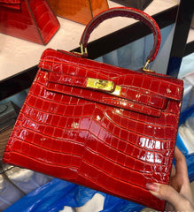 Exotic Alligator Skin Tote Handbag with Glossy Finish Red