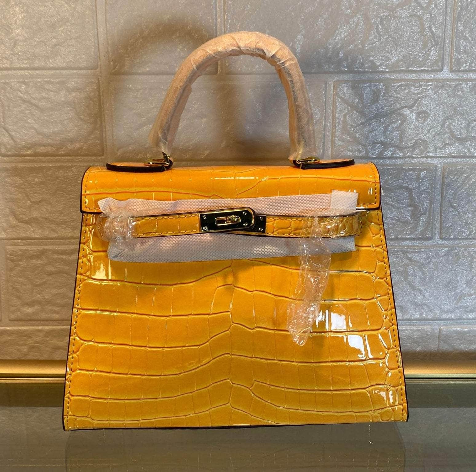 Exotic Alligator Skin Tote Handbag with Glossy Finish Yellow