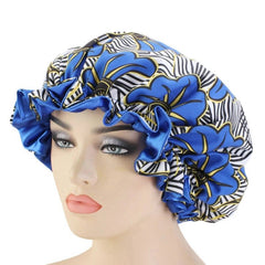 Extra Large African Pattern Satin Bonnet for Women Blue