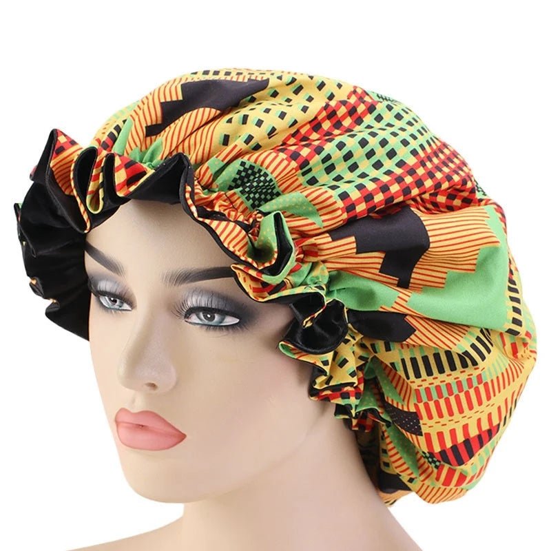 Extra Large African Pattern Satin Bonnet for Women green