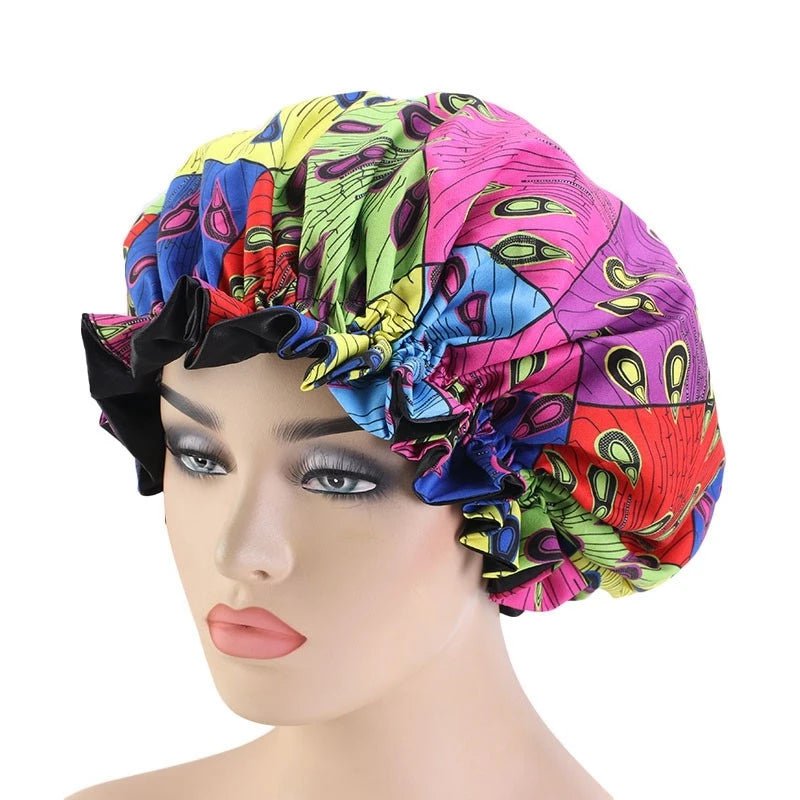 Extra Large African Pattern Satin Bonnet for Women Square Peacock