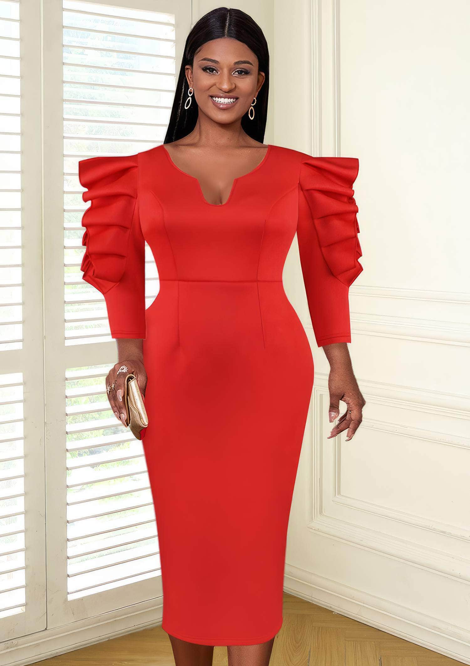 Extravagant Ruffle Trim Sleeves Bodycon Dress US 4-6 / Red