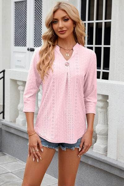 Eyelet Notched Knit Jacquard Top Blush Pink / S