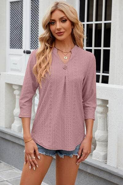 Eyelet Notched Knit Jacquard Top Dusty Pink / S