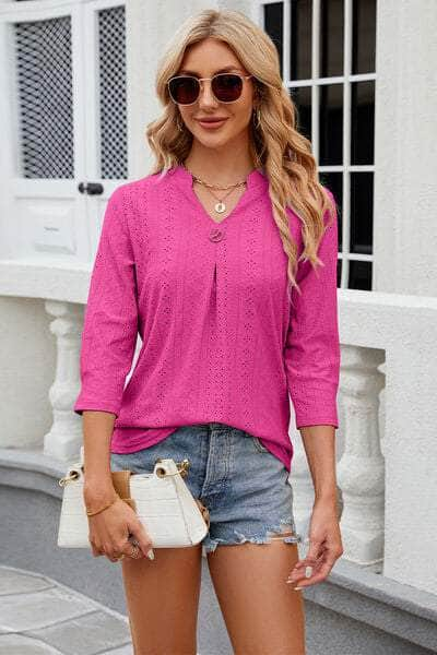 Eyelet Notched Knit Jacquard Top Hot Pink / S