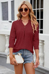 Eyelet Notched Knit Jacquard Top Wine / S