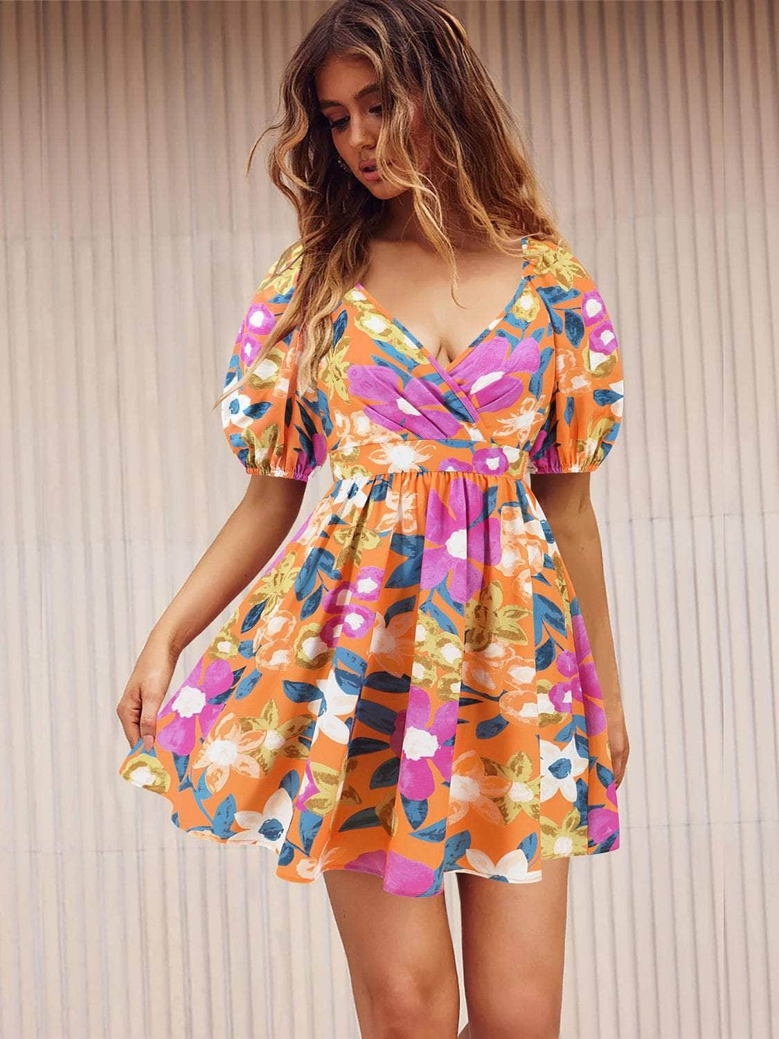 Printed Surplice Short Sleeve Dress