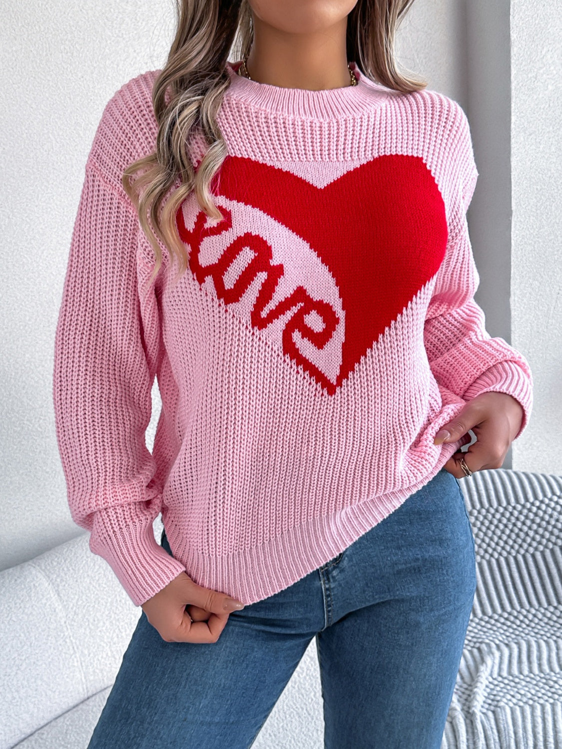 LOVE Heart Round Neck Dropped Shoulder Sweater