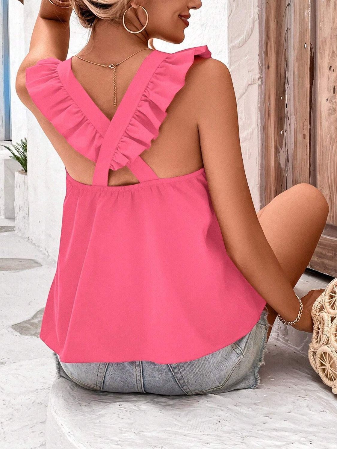 Crisscross Back Ruffled Round Neck Cap Sleeve Blouse