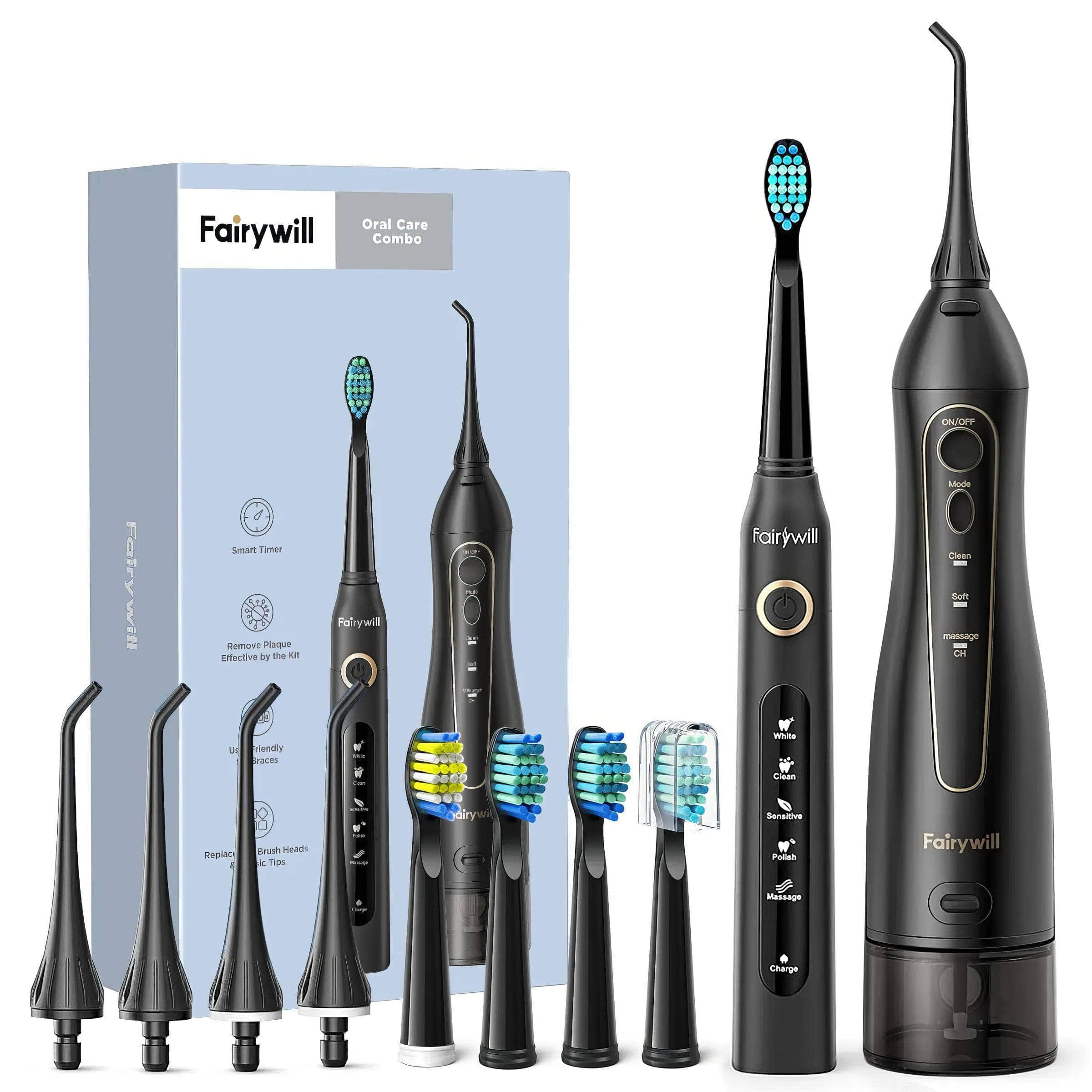 Fairywill Water Dental Flosser - Portable Cordless USB, Oral Irrigator Cleaner, IPX7 Waterproof, Electric Toothbrush Set for Home 5020E-507Black