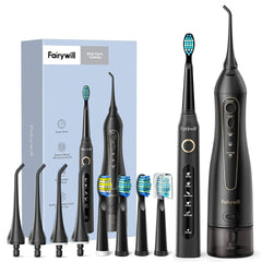 Fairywill Water Dental Flosser - Portable Cordless USB, Oral Irrigator Cleaner, IPX7 Waterproof, Electric Toothbrush Set for Home 5020E-507Black