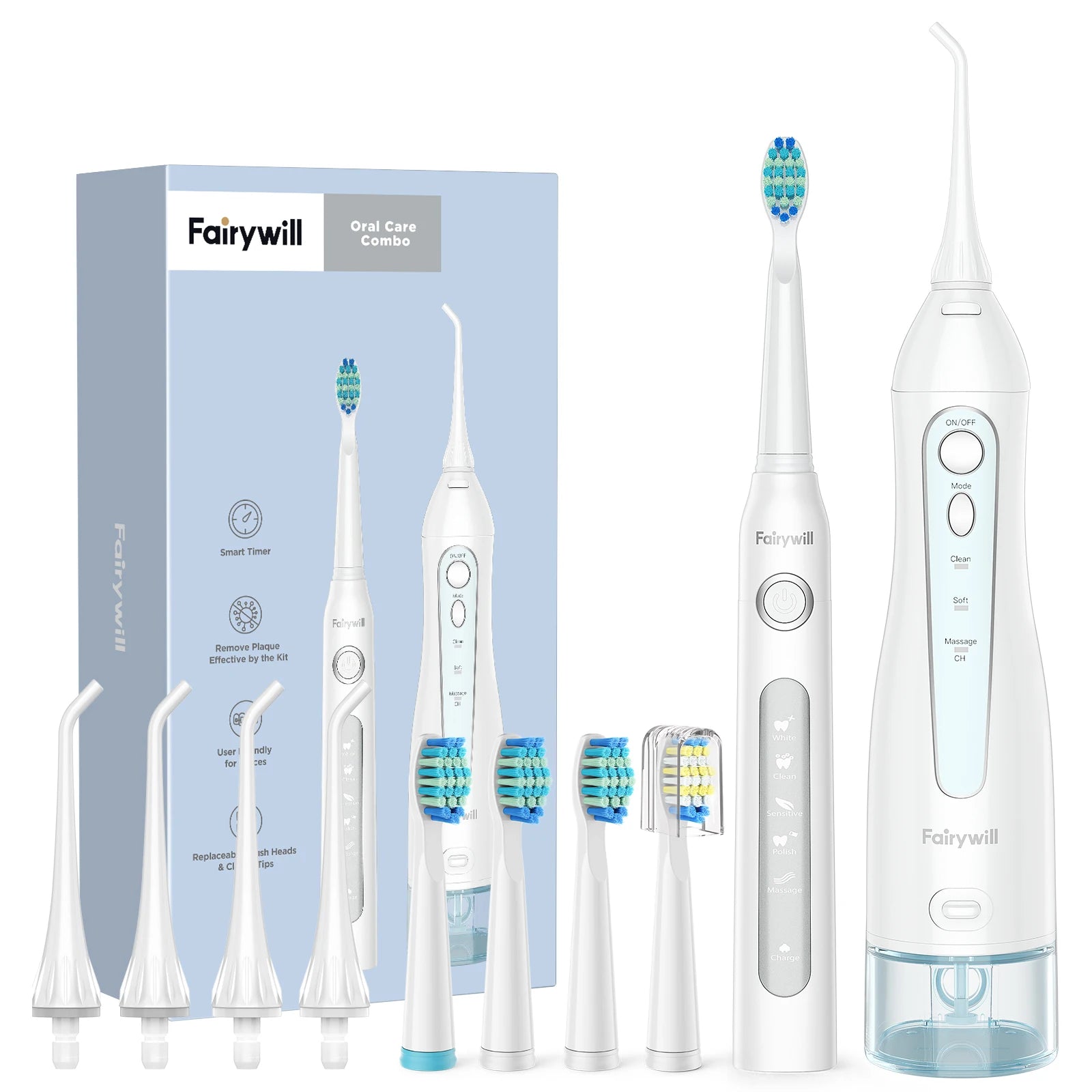 Fairywill Water Dental Flosser - Portable Cordless USB, Oral Irrigator Cleaner, IPX7 Waterproof, Electric Toothbrush Set for Home 5020E-507White