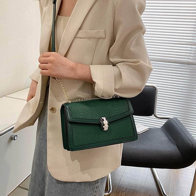 Fashion-Forward Square Bag with Snake Buckle Green