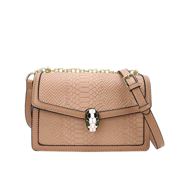 Fashion-Forward Square Bag with Snake Buckle Tan