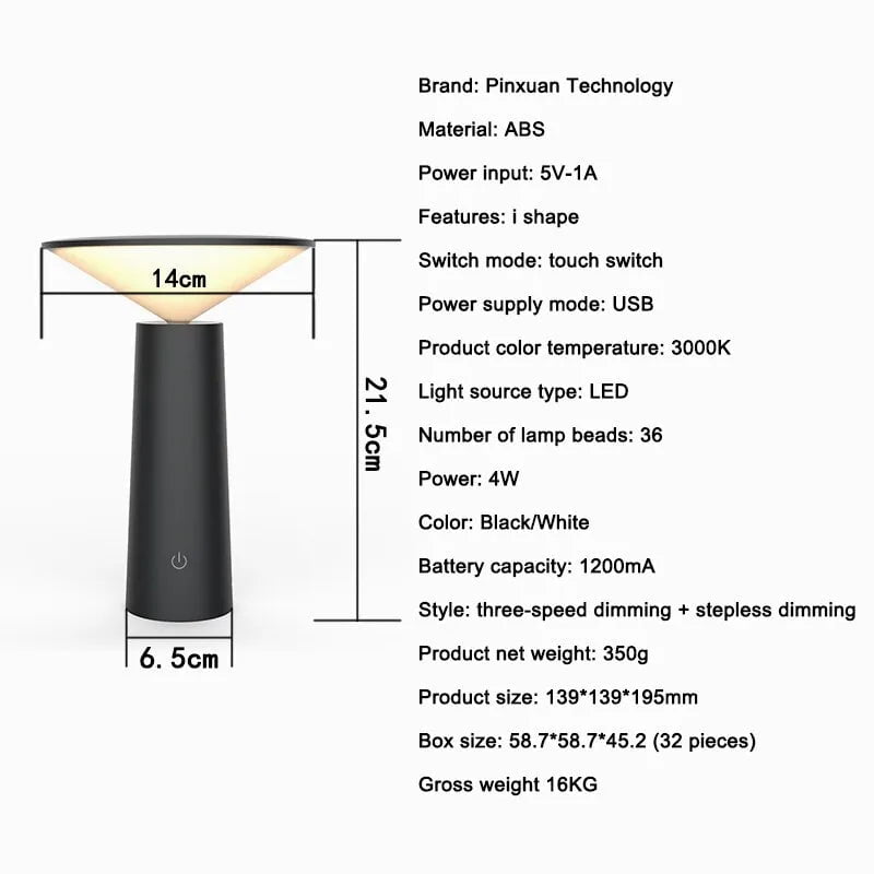 Fashion LED Table Lamp: Dimmable, Bedroom Reading, Aesthetic Room Decoration, Portable USB Rechargeable Night Lights 13.9x13.9x19.5cm / Black / 3W | 1 pcs