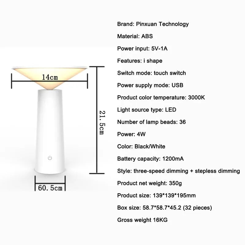 Fashion LED Table Lamp: Dimmable, Bedroom Reading, Aesthetic Room Decoration, Portable USB Rechargeable Night Lights 13.9x13.9x19.5cm / White / 3W | 1 pcs