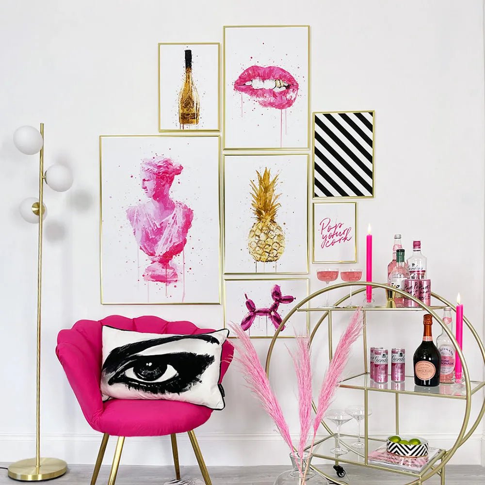 Fashion Lips and Champagne Canvas: Pink Pineapple, Golden Balloon Dog Wall Art