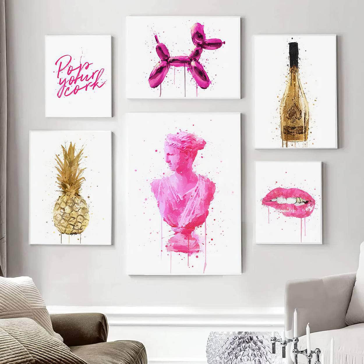 Fashion Lips and Champagne Canvas: Pink Pineapple, Golden Balloon Dog Wall Art for Dorm and Living Room Decor