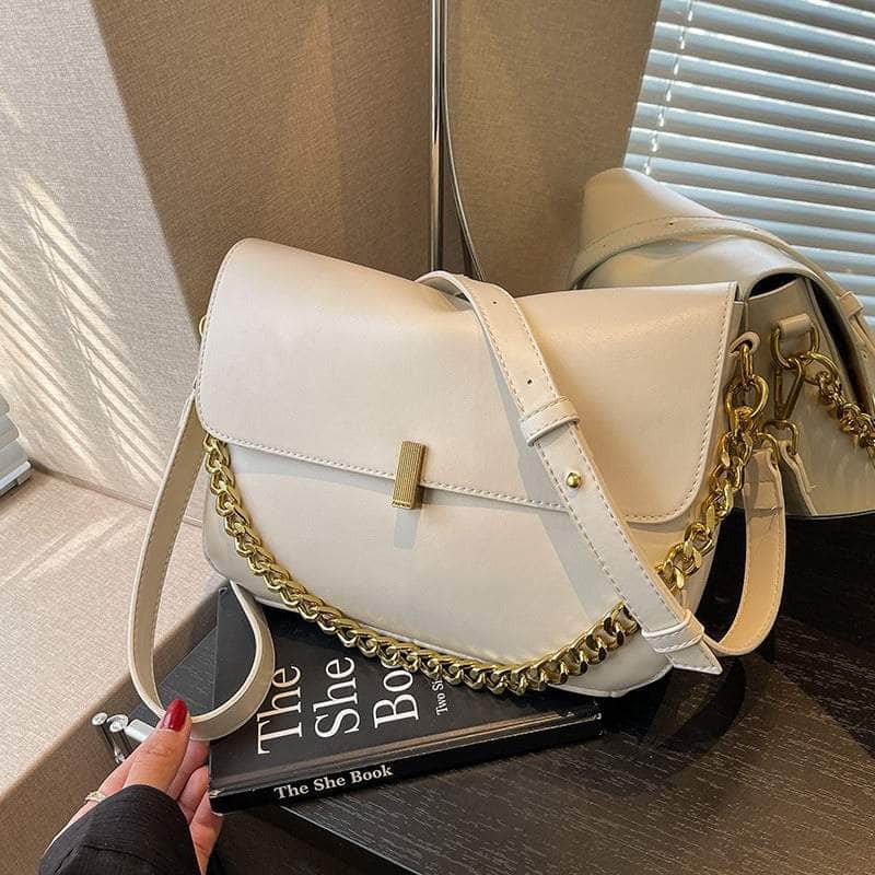 Faux Leather Shoulder Bag with Chain Detail Flap
