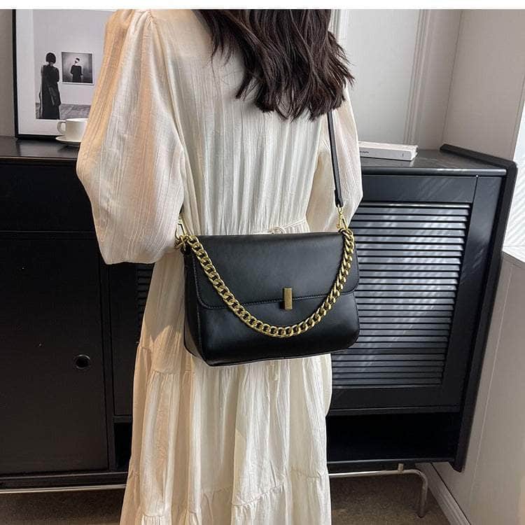 Faux Leather Shoulder Bag with Chain Detail Flap