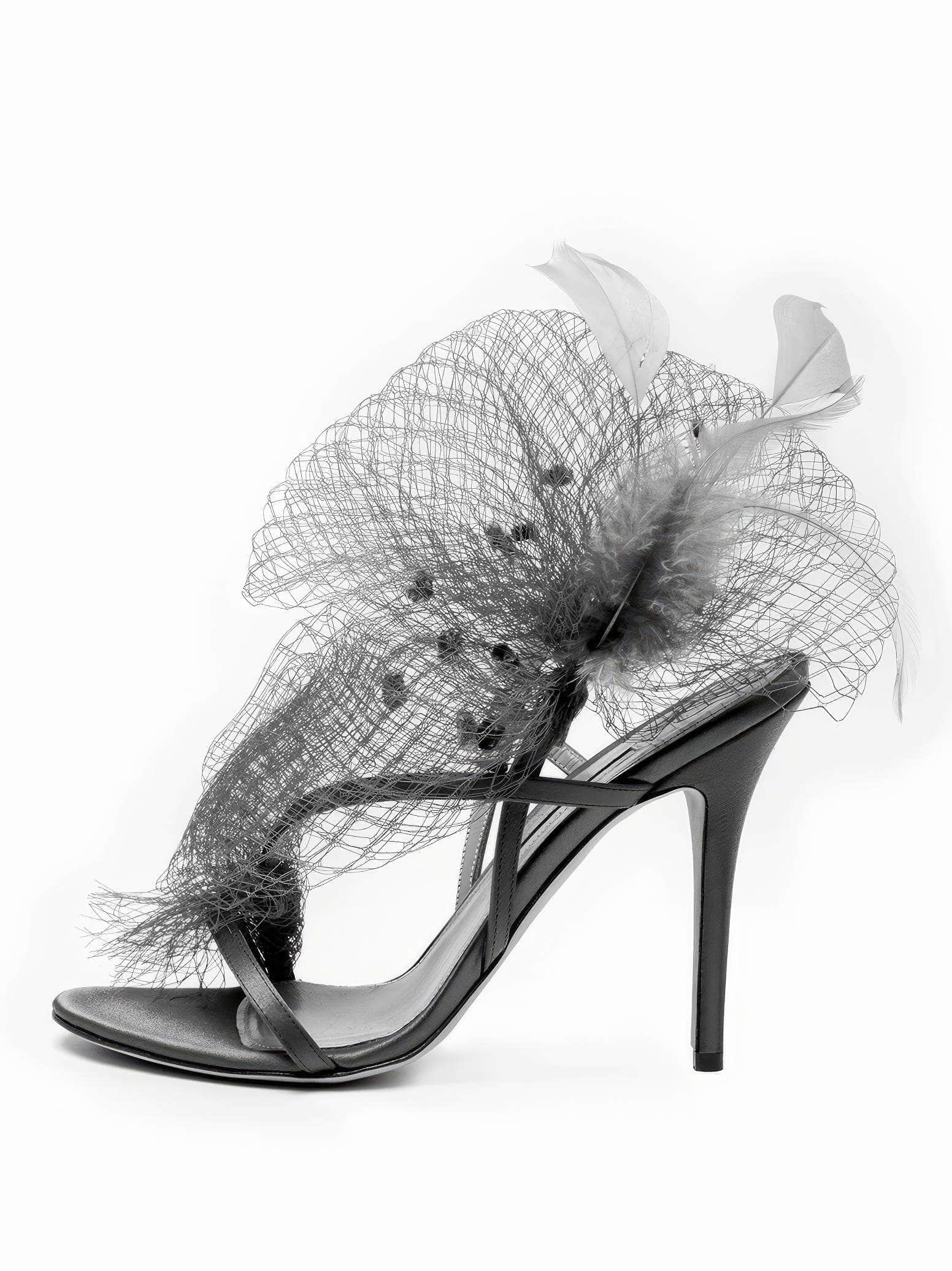 Feather Detailed Mesh Sandal Heels EU 33 / Black / 7.5CM