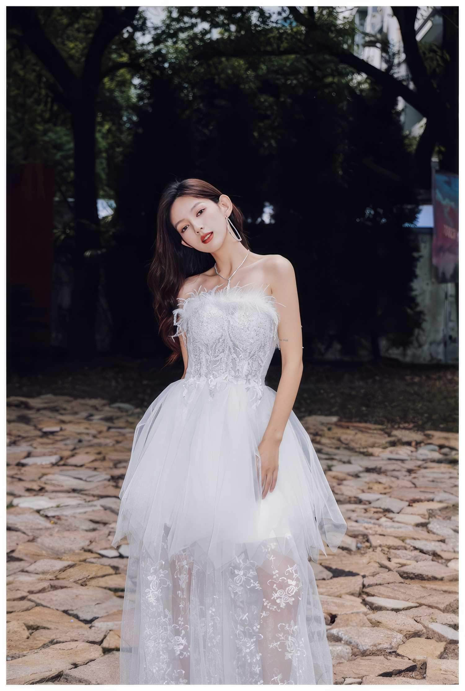 Feathered Embroidered Tulle Prom Dress