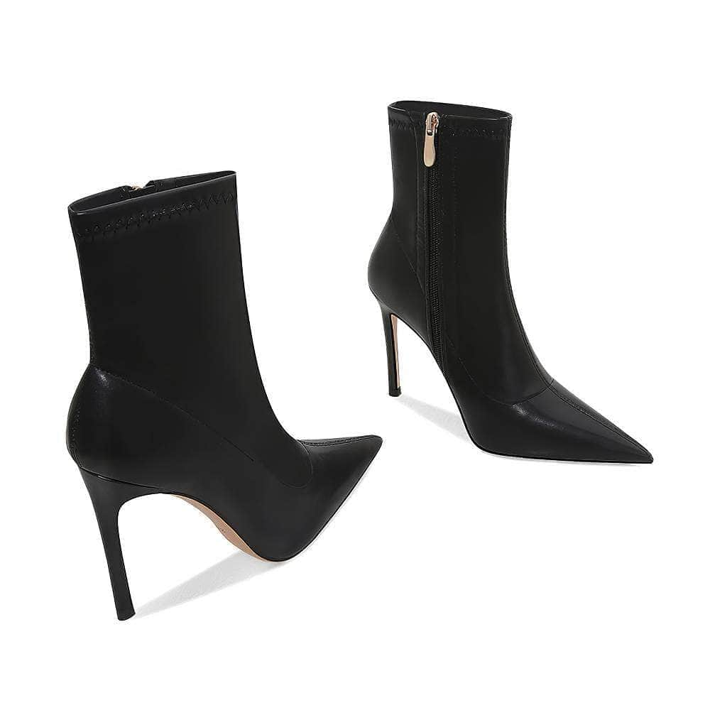 Fine Stitch Detail Pointy Toe Leather Ankle Boots