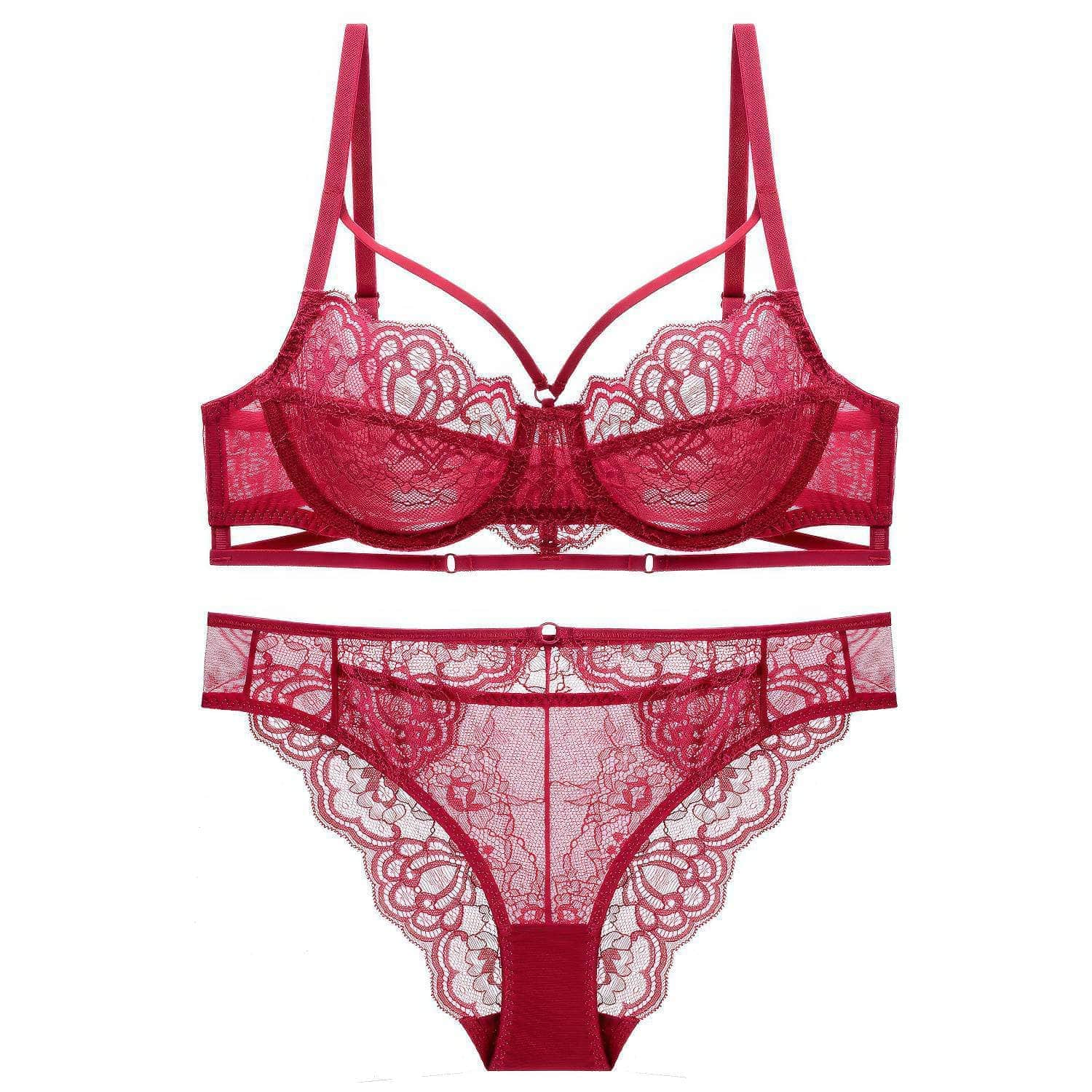 Fine Trimmed Lace Mesh Boudoir Bra Panty Set 70A / Red