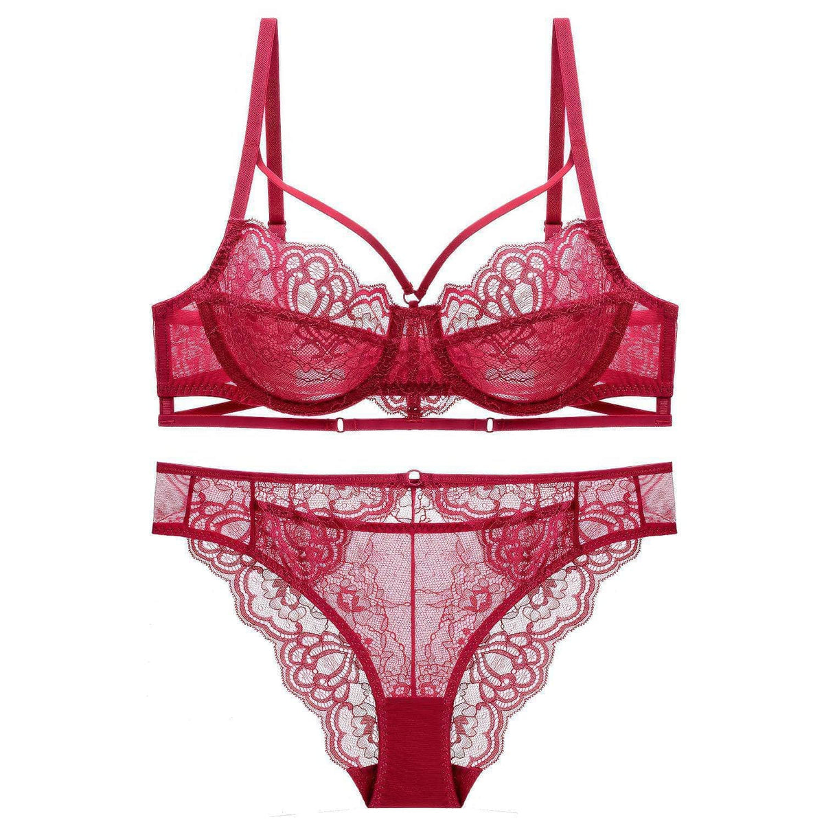 Fine Trimmed Lace Mesh Boudoir Bra Panty Set 70A / Red