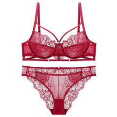 Fine Trimmed Lace Mesh Boudoir Bra Panty Set 70A / Red