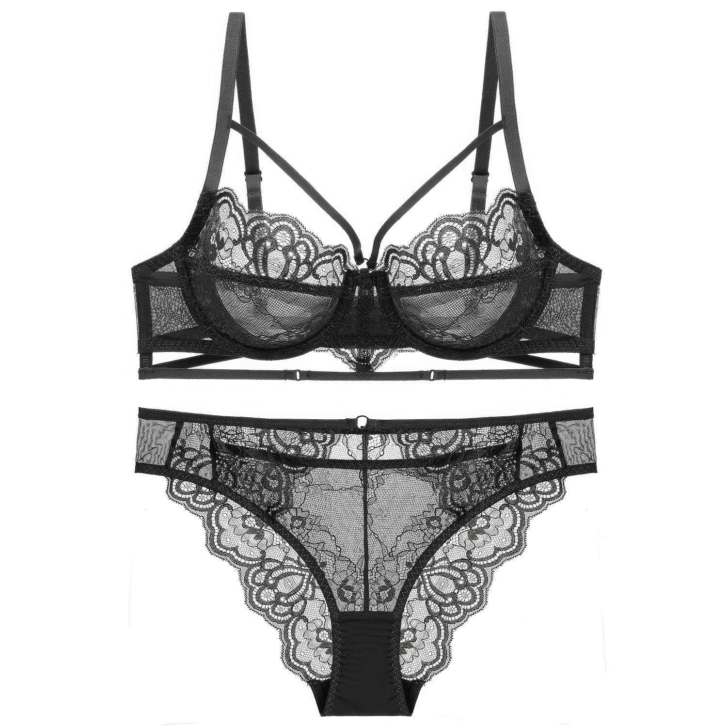 Fine Trimmed Lace Mesh Boudoir Bra Panty Set UK 32A-32D / Black