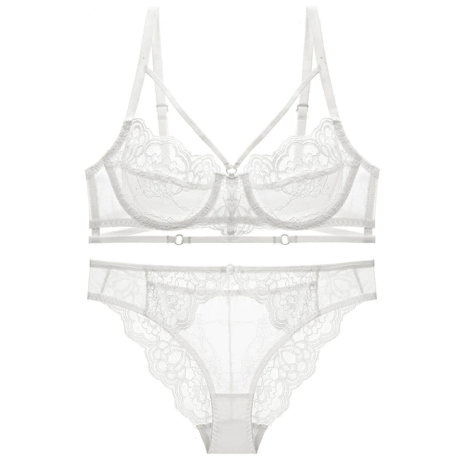 Fine Trimmed Lace Mesh Boudoir Bra Panty Set UK 32A-32D / White