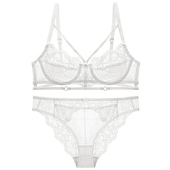 Fine Trimmed Lace Mesh Boudoir Bra Panty Set UK 32A-32D / White