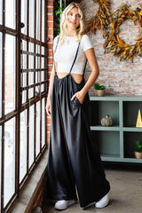 First Love Drawstring Back Spaghetti Strap Wide Leg Overall Black / S