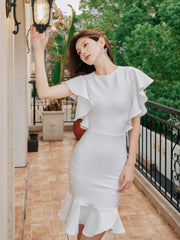 Flared Butterfly Sleeve Mermaid Midi Dress S / White