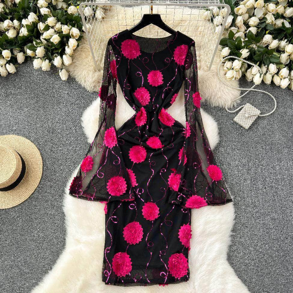 Flared Sleeves Floral Sequin Details Midi Slimfit Dress